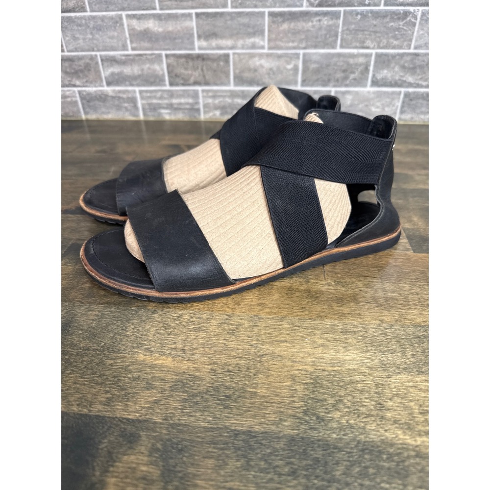 Sorel Ella Sandal Womens Black Leather Elastic Crisscross Flat‎ Sandals Sz 8